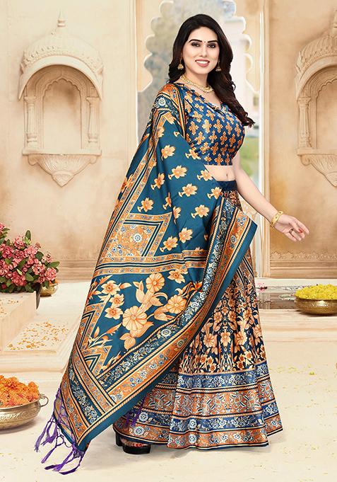 Teal Blue Printed Art Silk Lehenga Set