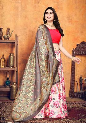Cream Printed Art Silk Lehenga Set