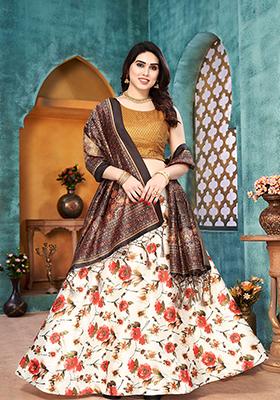 Cream Printed Art Silk Lehenga Set