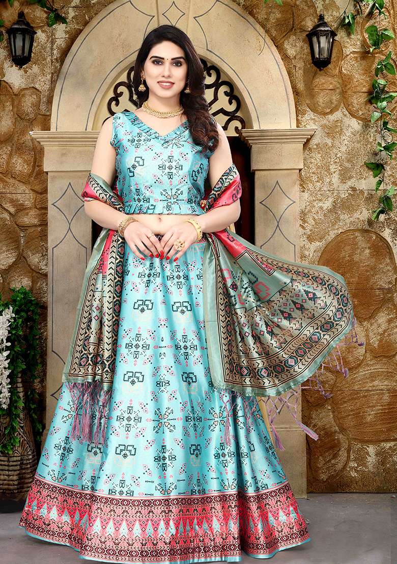 Sky Blue Printed Art Silk Lehenga Set - Indya