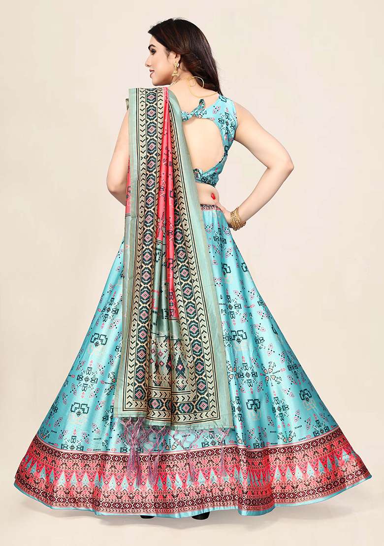 Sky Blue Printed Art Silk Lehenga Set - Indya