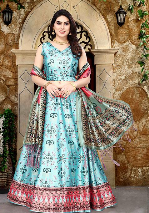 Sky Blue Printed Art Silk Lehenga Set