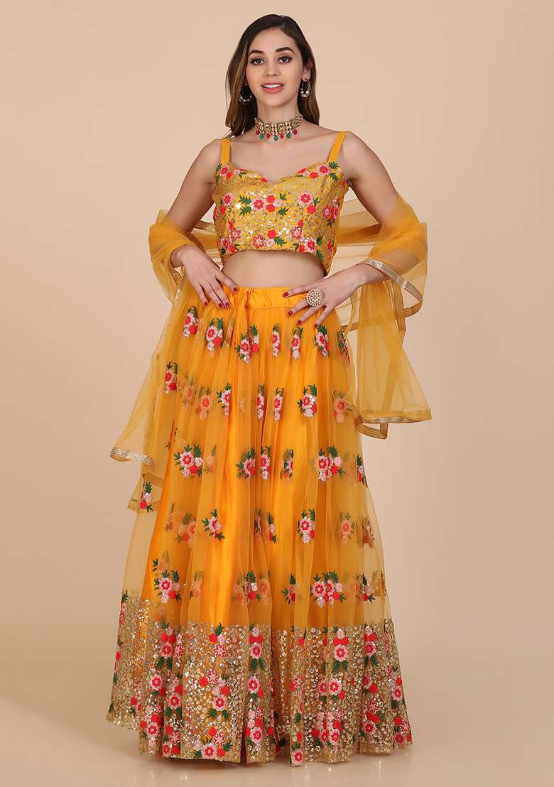 Yellow Embroidered Net Lehenga Set - Indya