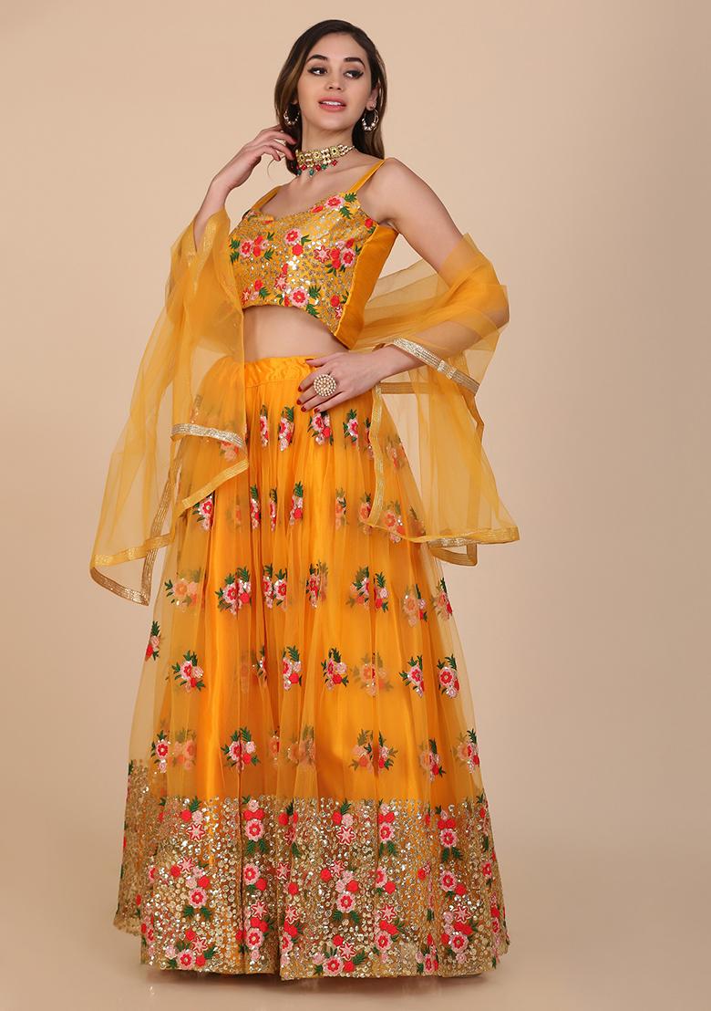 Yellow Embroidered Net Lehenga Set