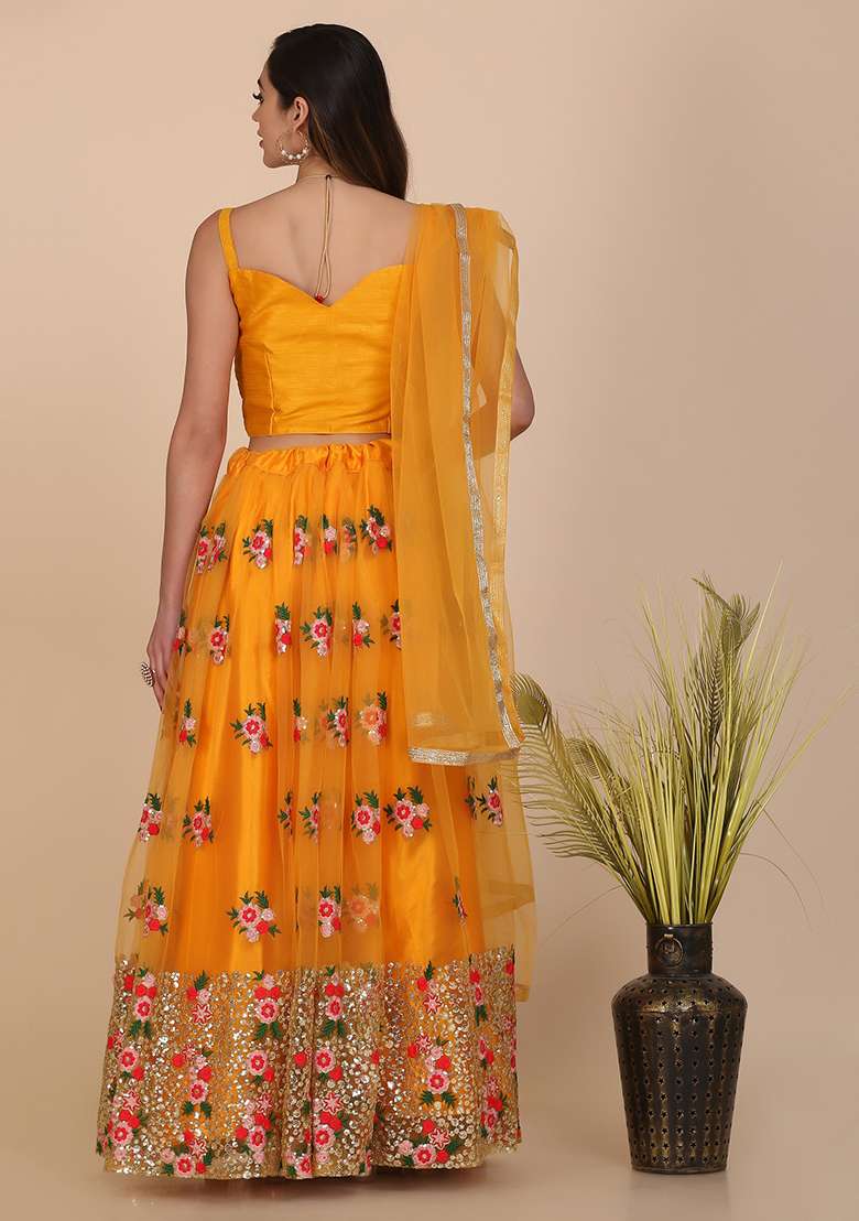 Yellow Embroidered Net Lehenga Set - Indya