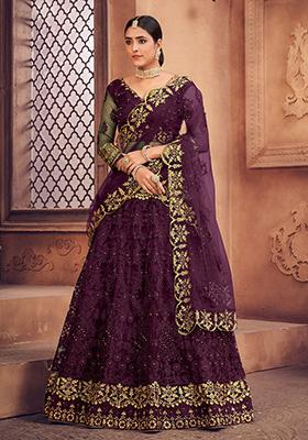 Purple Embroidered Net Lehenga Set