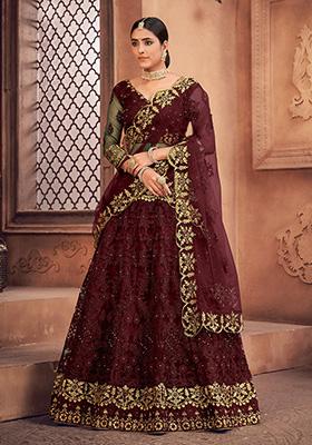 Maroon Embroidered Net Lehenga Set