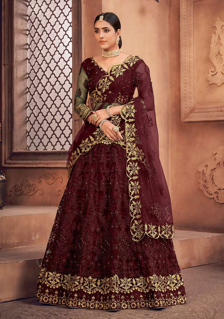 Maroon Embroidered Net Lehenga Set - Indya
