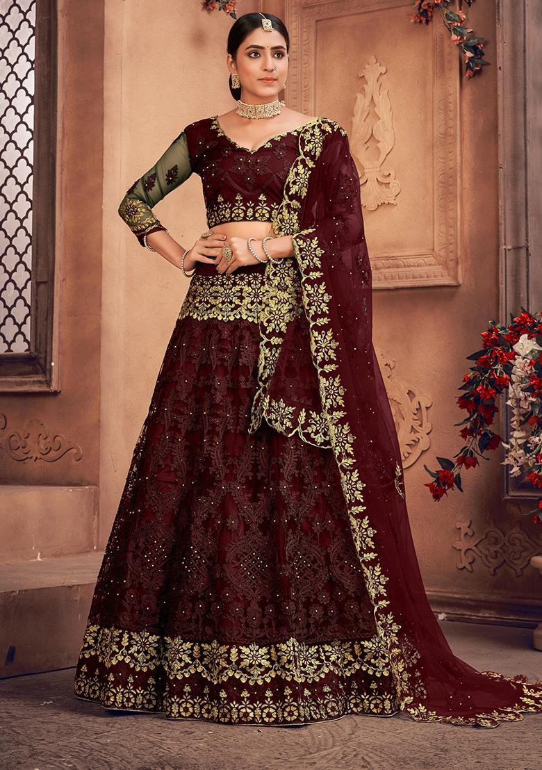Maroon Embroidered Net Lehenga Set
