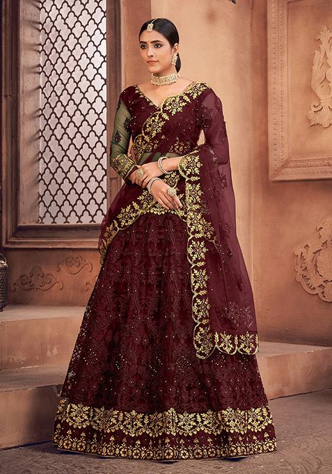 Maroon Embroidered Net Lehenga Set