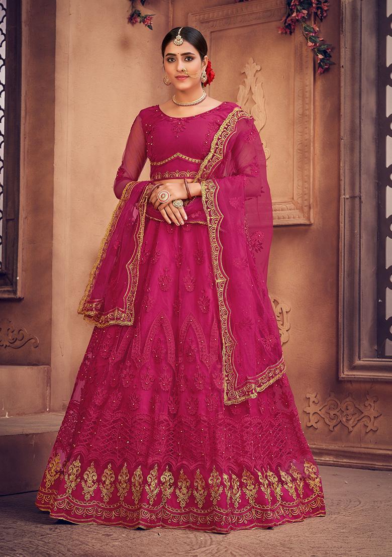 Pink Embroidered Net Lehenga Set
