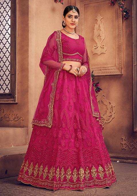 Pink Embroidered Net Lehenga Set