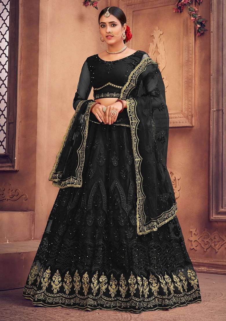 Black Embroidered Net Lehenga Set - Indya