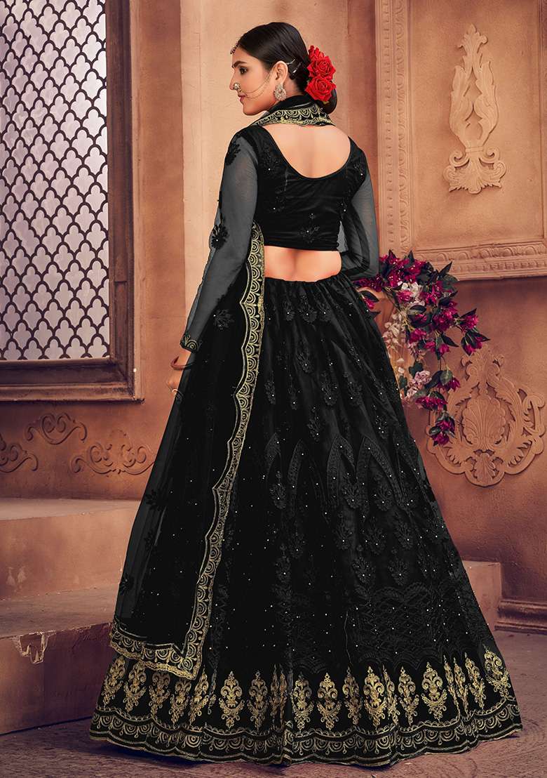 Black Embroidered Net Lehenga Set - Indya