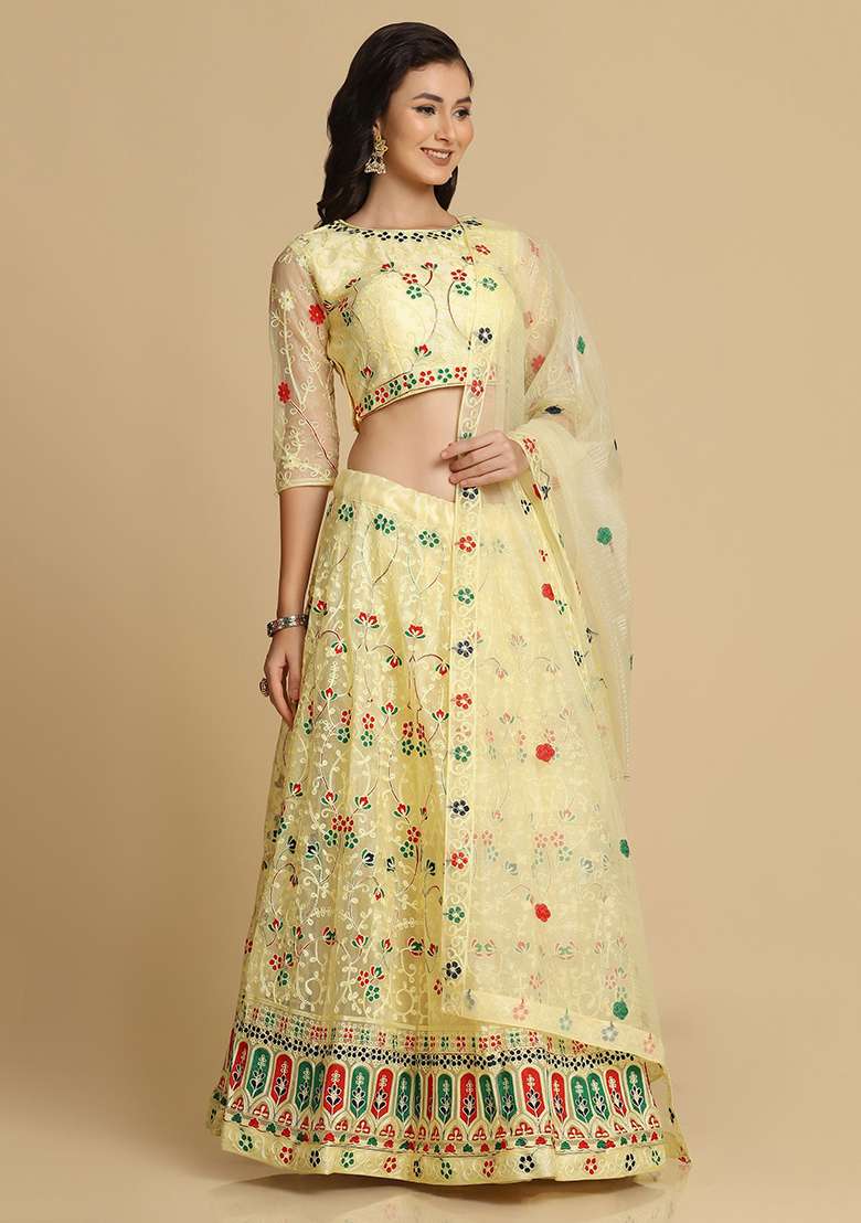 Yellow Embroidered Net Lehenga Set - Indya