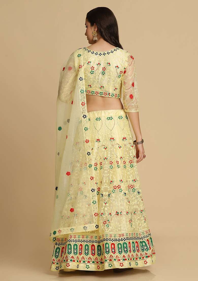 Yellow Embroidered Net Lehenga Set - Indya