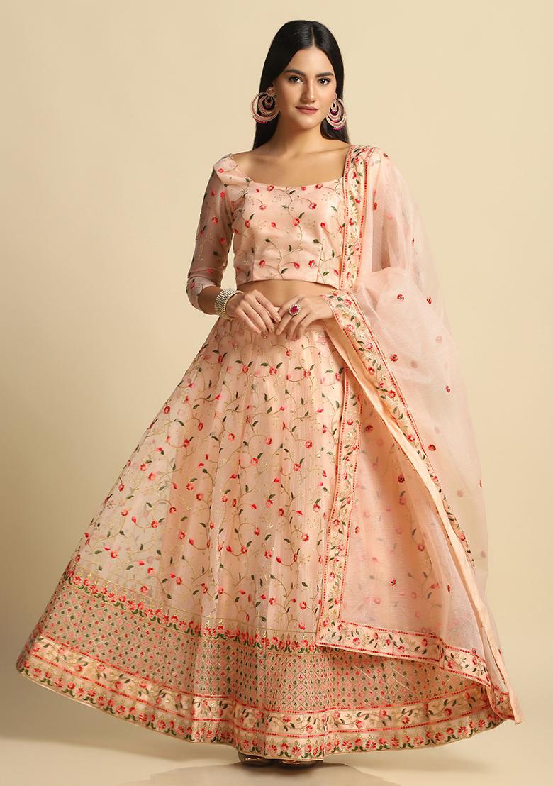 Peach Embroidered Net Lehenga Set