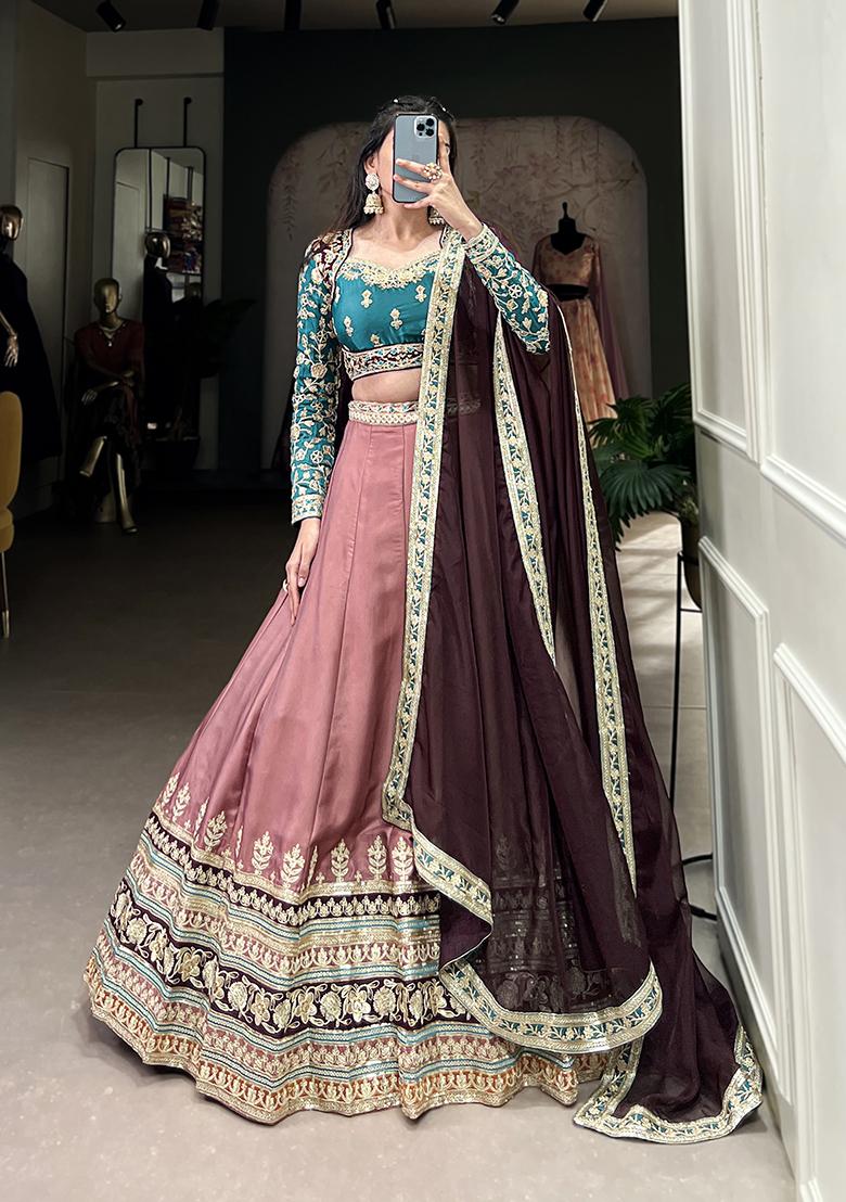 Peach Embroidered Silk Lehenga Set
