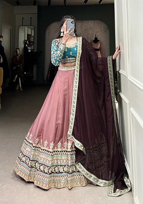 Peach Embroidered Silk Lehenga Set