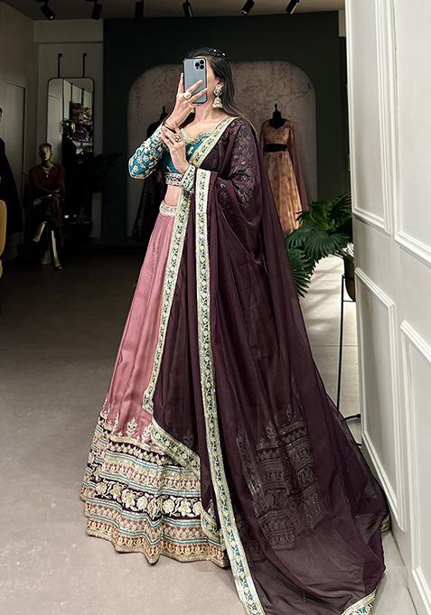 Peach Embroidered Silk Lehenga Set