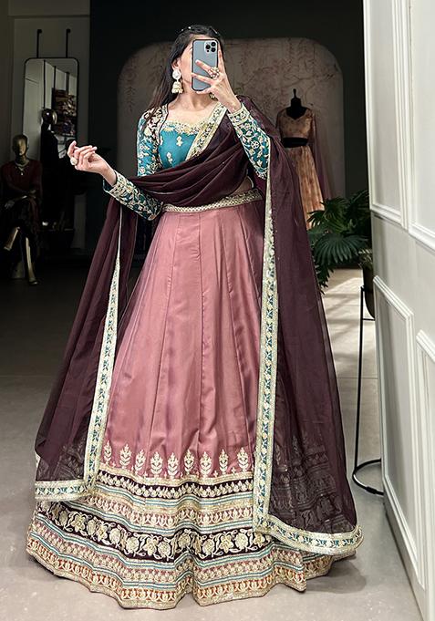 Peach Embroidered Silk Lehenga Set