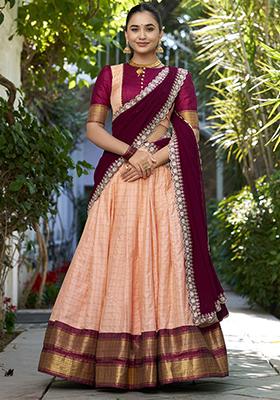 Peach Zari Woven Georgette Lehenga Set