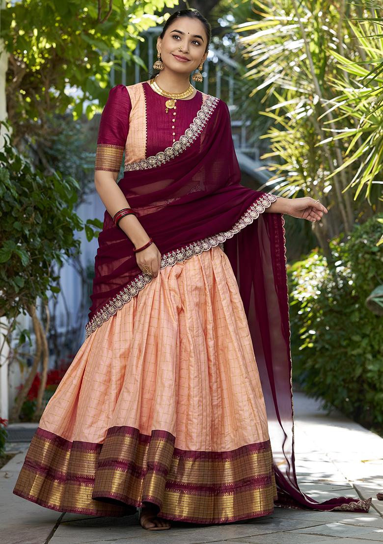 Peach Zari Woven Georgette Lehenga Set