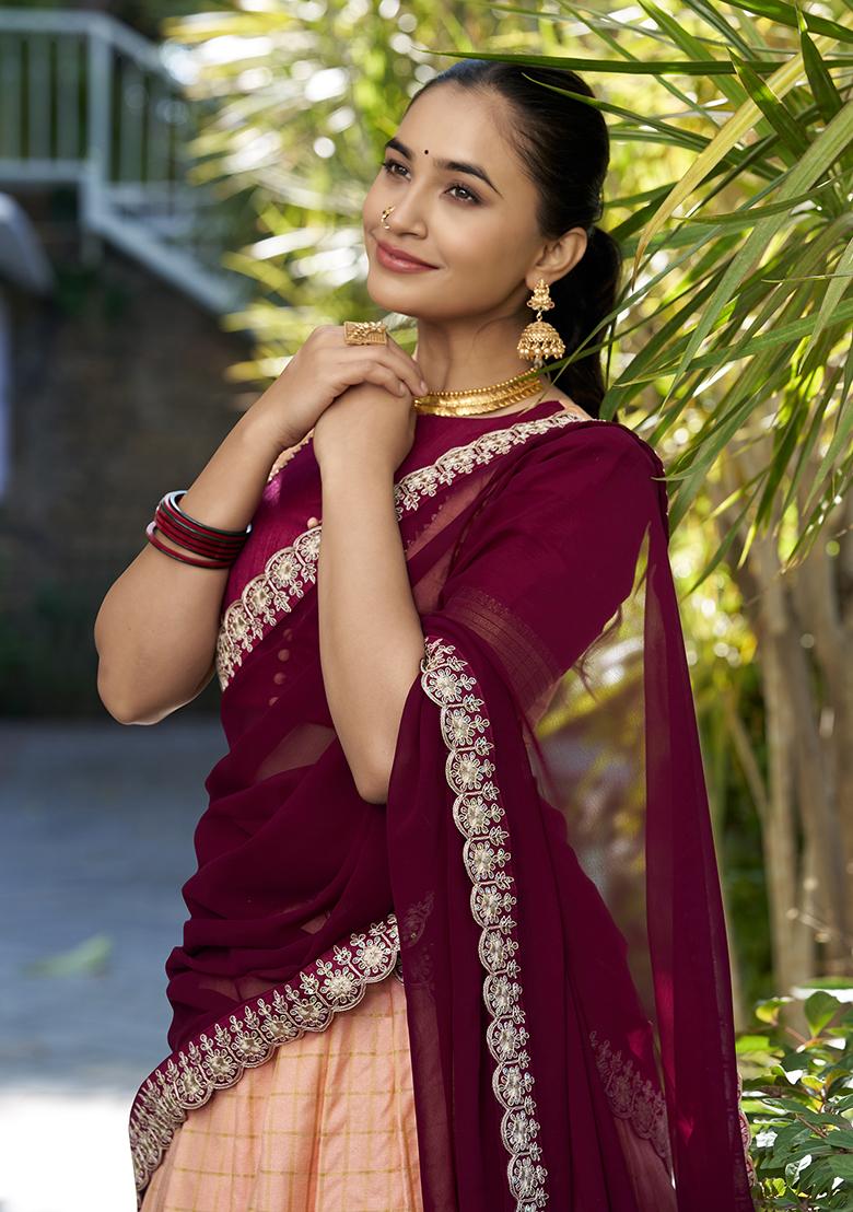 Peach Zari Woven Georgette Lehenga Set