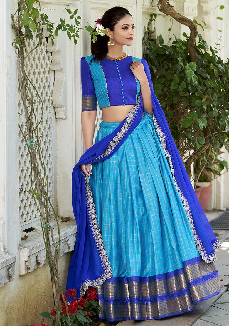 Blue Zari Woven Georgette Lehenga Set