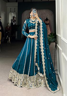 Firozi Embroidered Vichitra Lehenga Set