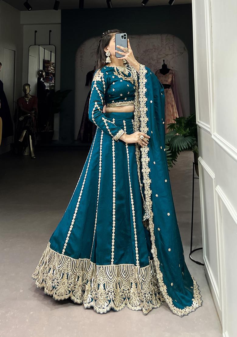 Firozi Embroidered Vichitra Lehenga Set