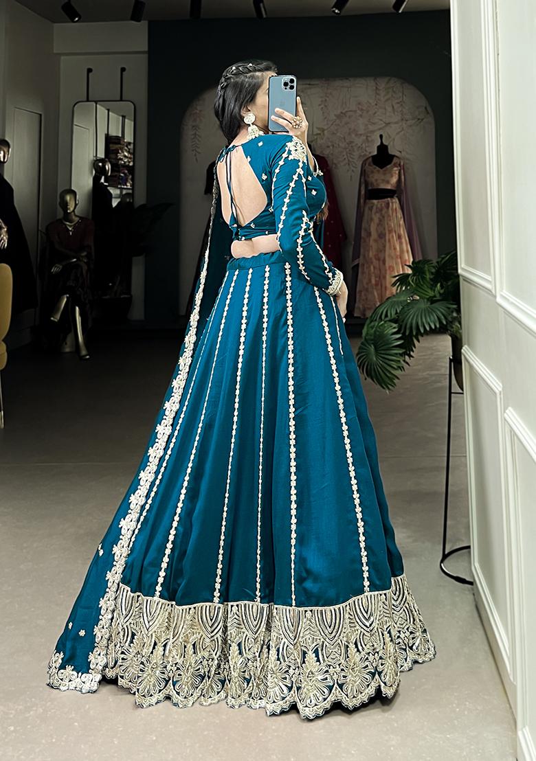 Firozi Embroidered Vichitra Lehenga Set