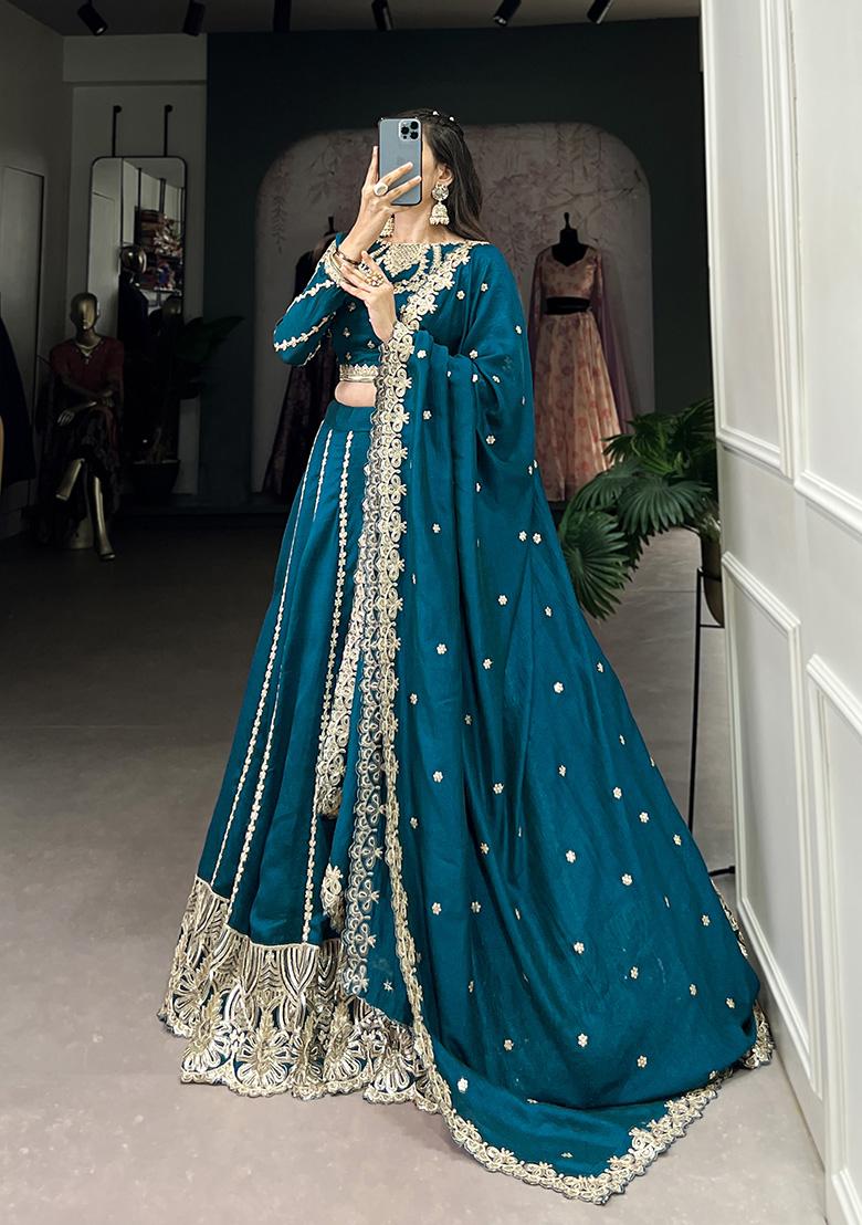 Firozi Embroidered Vichitra Lehenga Set