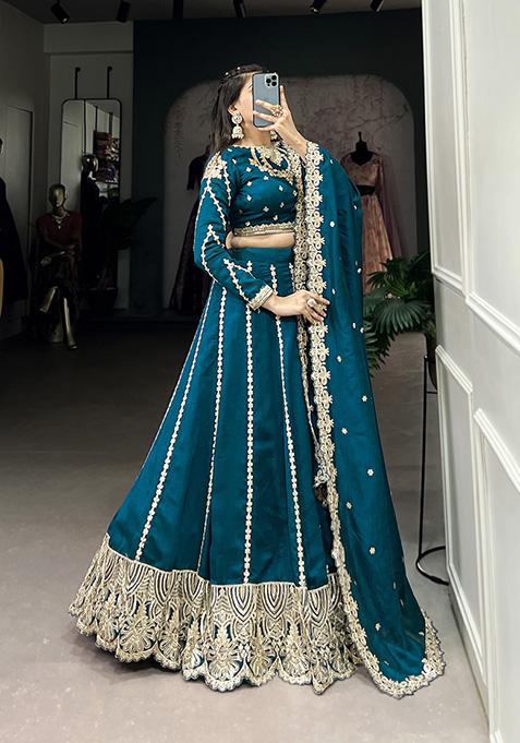 Firozi Embroidered Vichitra Lehenga Set