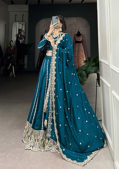 Firozi Embroidered Vichitra Lehenga Set
