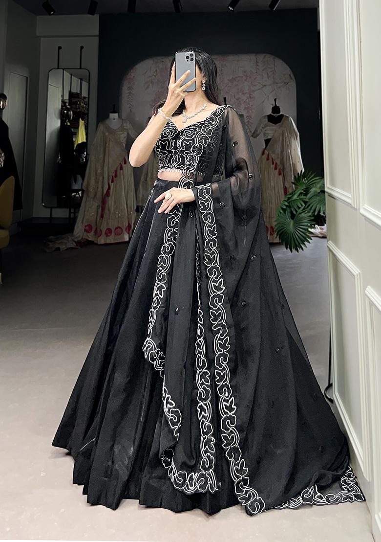 Black Embroidered Satin Lehenga Set