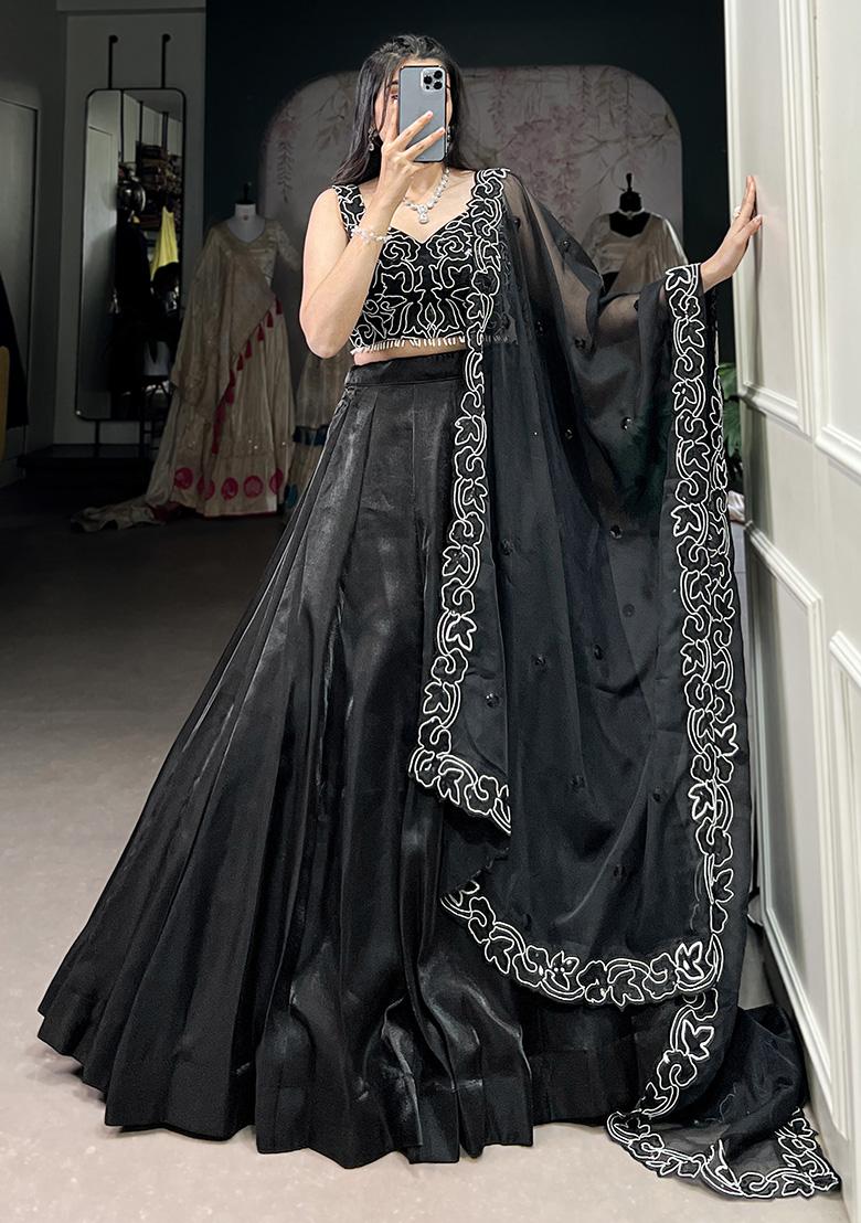 Black Embroidered Satin Lehenga Set