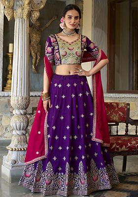 Purple Embroidered Vichitra Lehenga Set