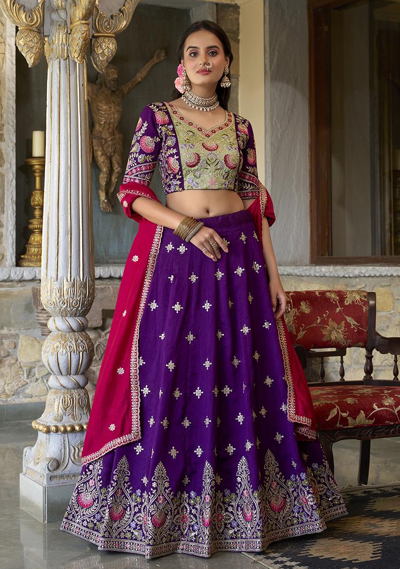 Purple Embroidered Vichitra Lehenga Set