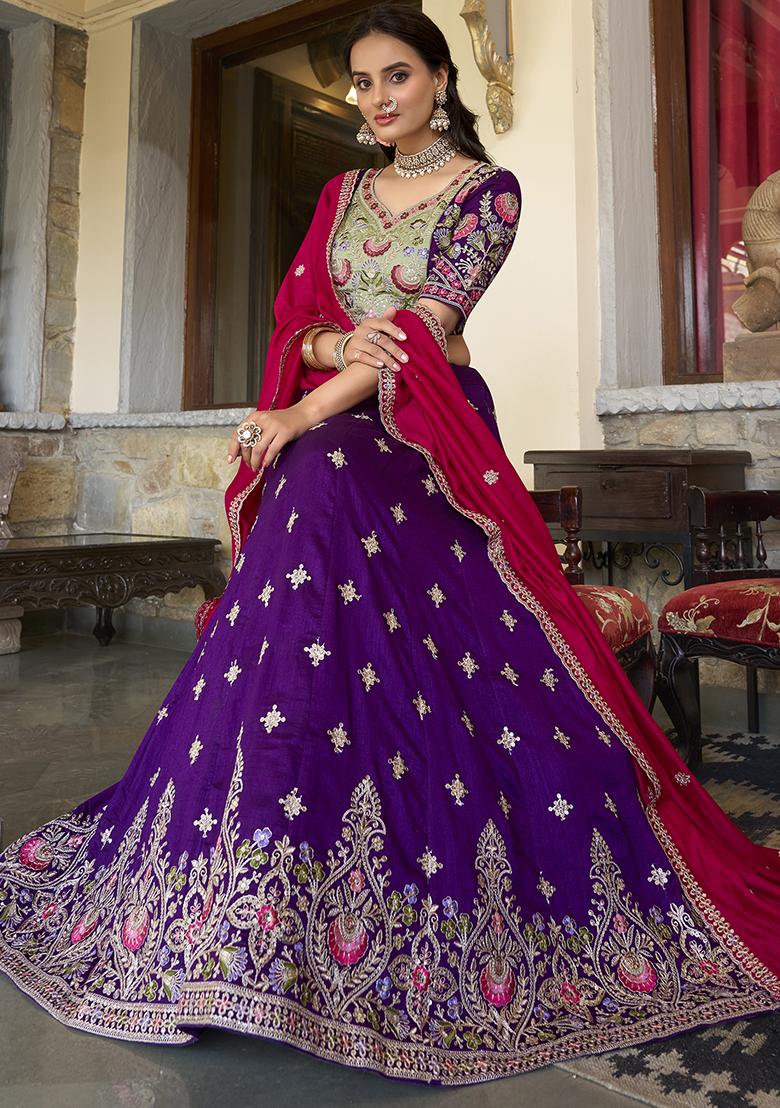 Purple Embroidered Vichitra Lehenga Set