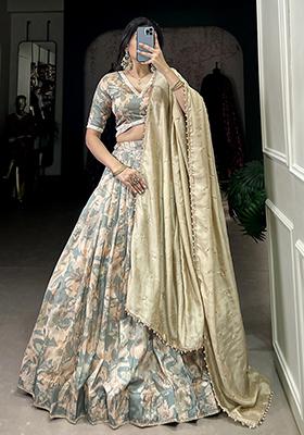 Sea Green Printed Tussar Silk
 
  
  Lehenga Set
