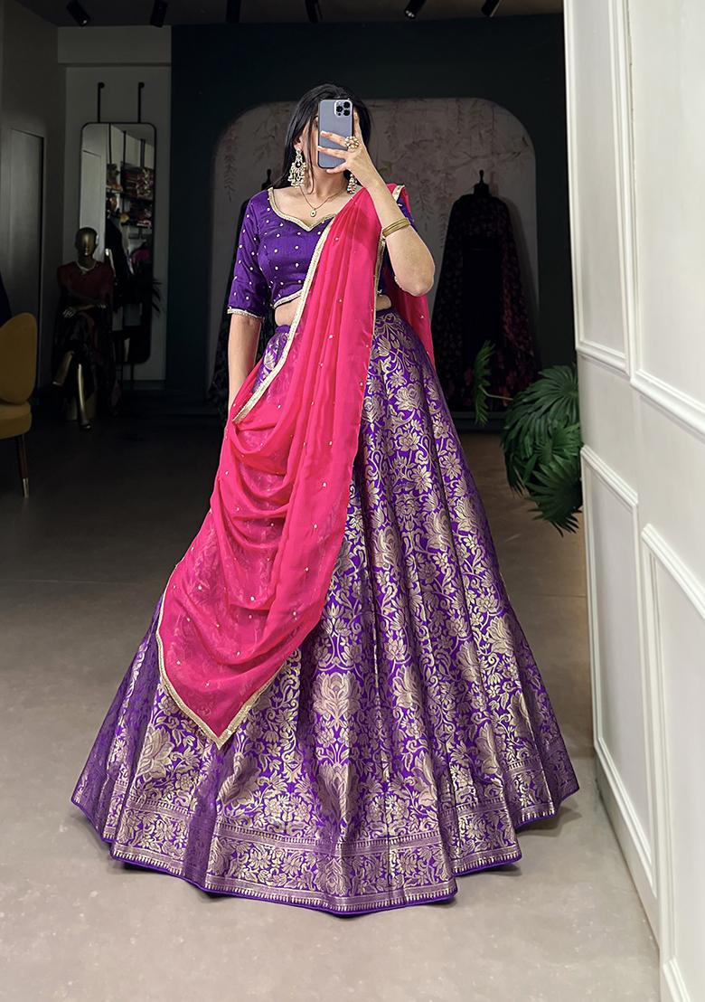 Purple Zari Woven Silk Lehenga Set