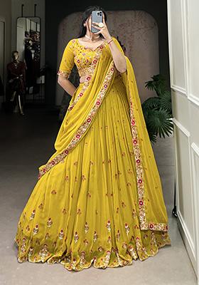 Mustard Embroidered Georgette Lehenga Set