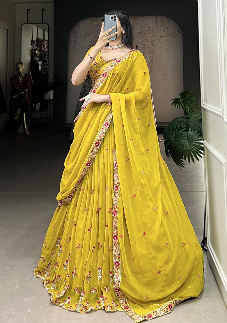 Mustard Embroidered Georgette Lehenga Set