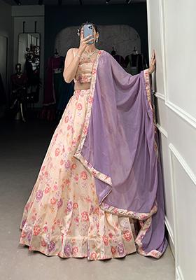 Peach Floral Print Tussar Silk
 
  
  Lehenga Set