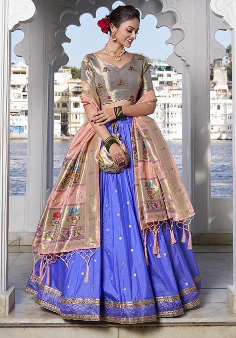 Blue Zari Woven Silk Lehenga Set