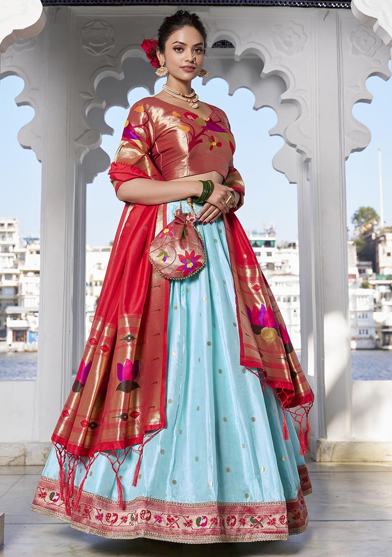 Sky Blue Zari Woven Silk Lehenga Set