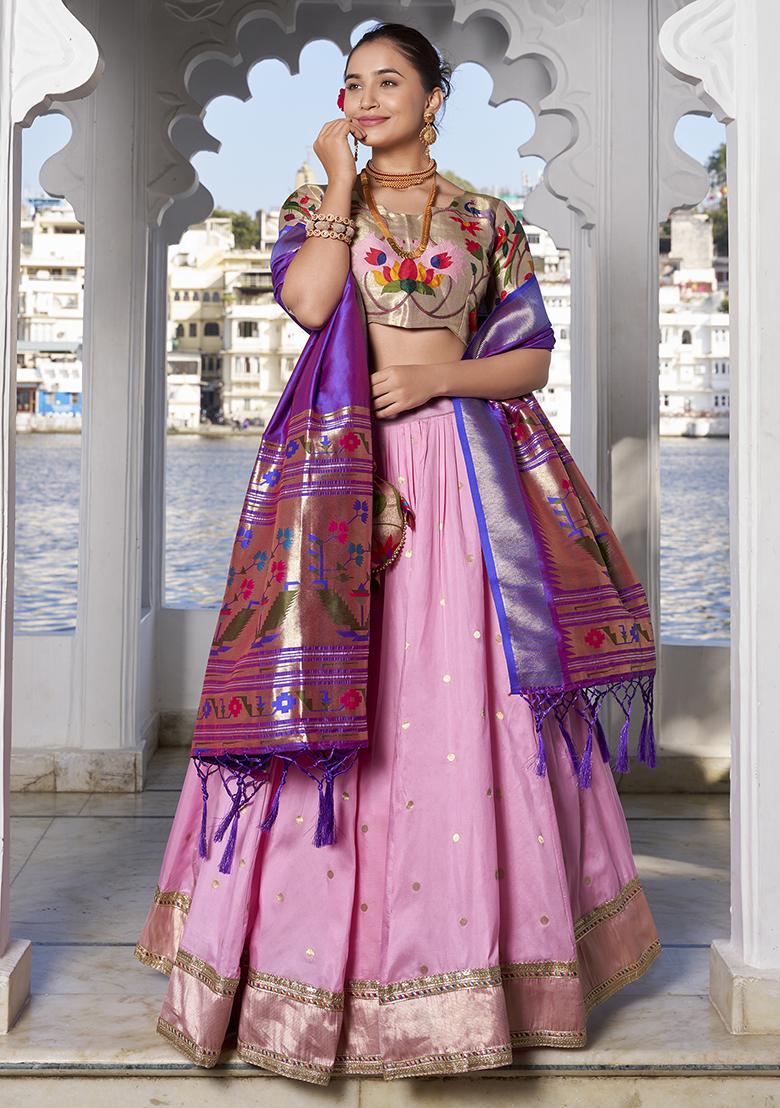 Light Pink Zari Woven Silk Lehenga Set