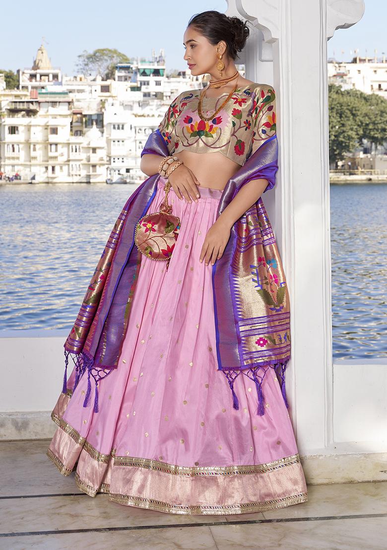 Light Pink Zari Woven Silk Lehenga Set