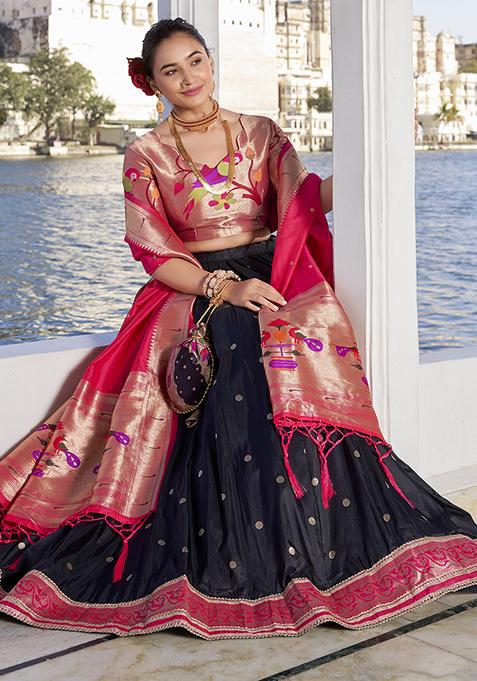 Black Zari Woven Silk Lehenga Set